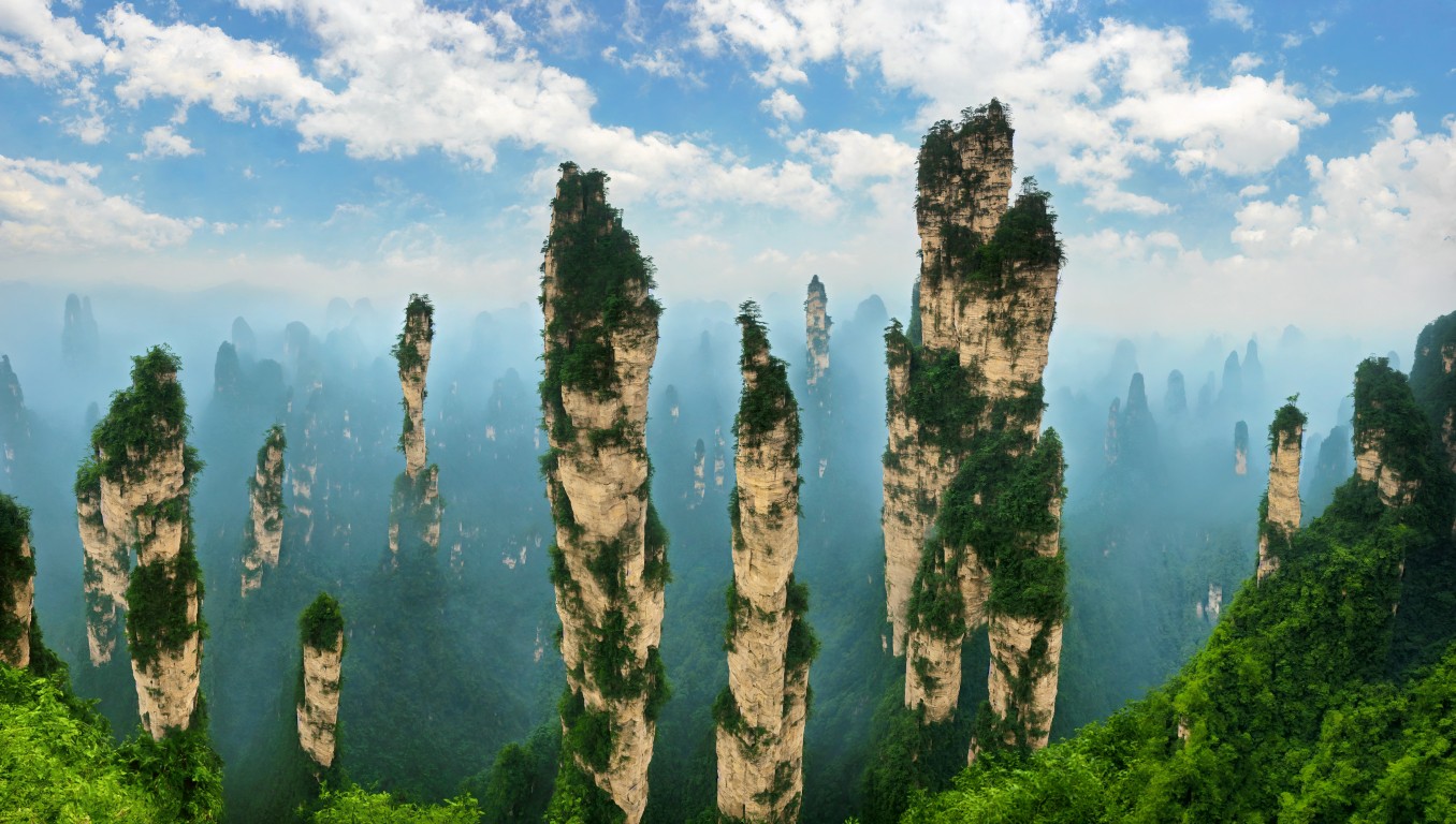 Hallelujah Mountains, Floating Mountains, Zhangjiajie, Wulingyuan Senica Area, rock formations, Plateau, mountain, landscape, nature, sky, mountains, fog, trees, forest, clouds, view, travel, panorama